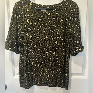 Chico’s Animal Print Top, Green, Black, Gold. Size 1 (size 8-10)